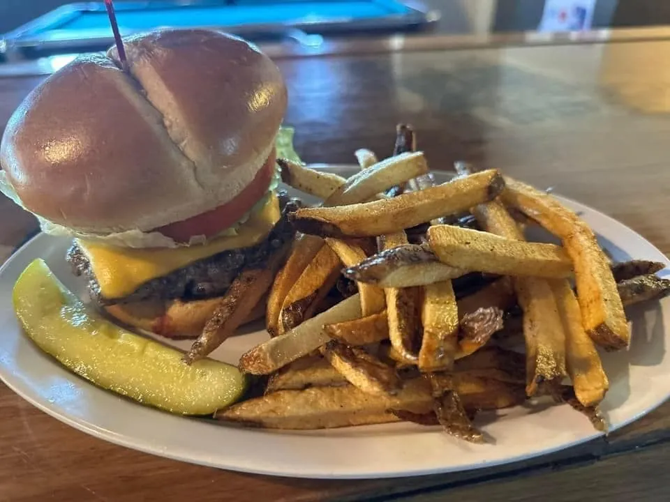 Stacked burger with fries